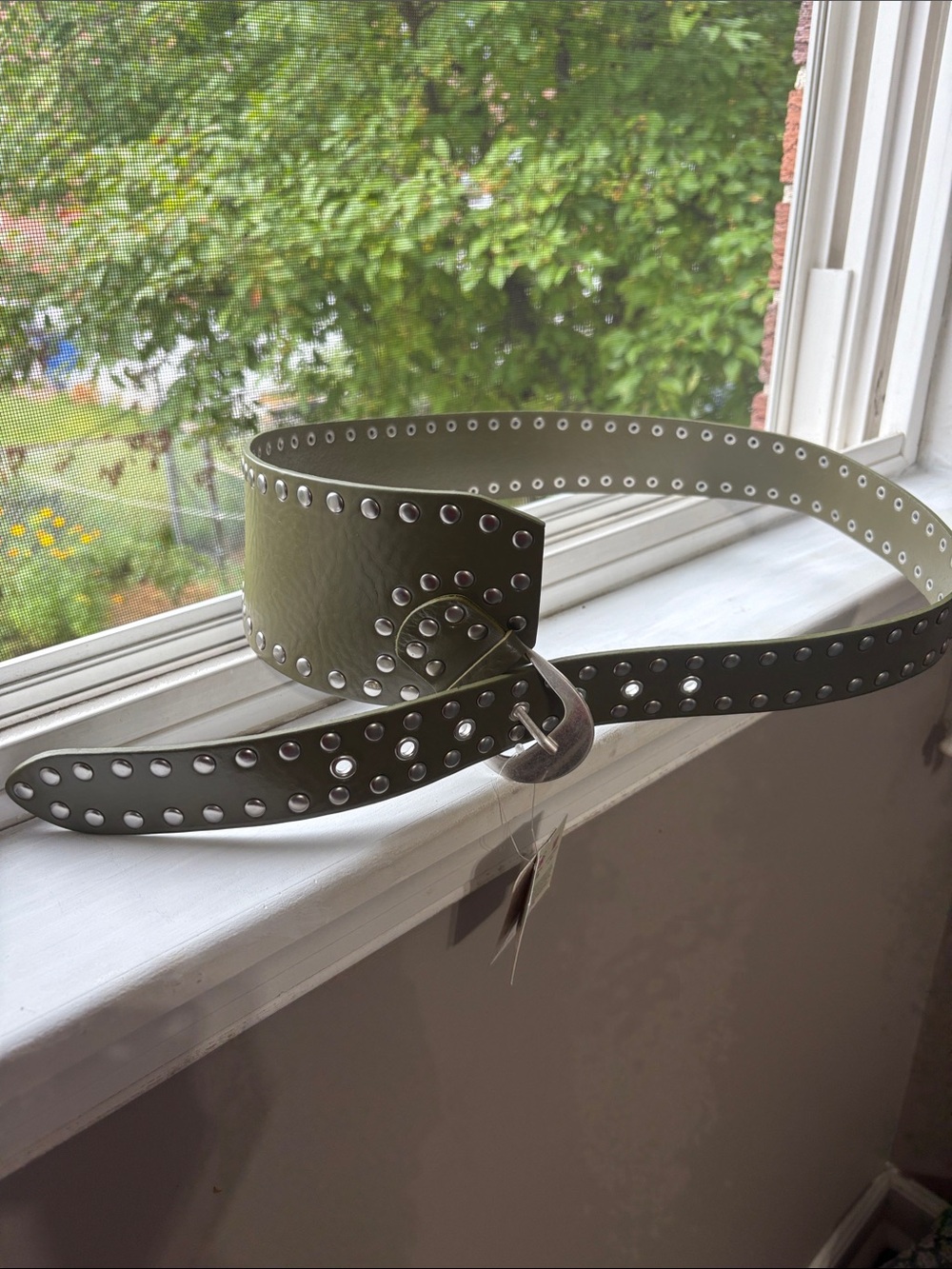 Free People Olive Green Leather Studded Belt with Silver Eyelets